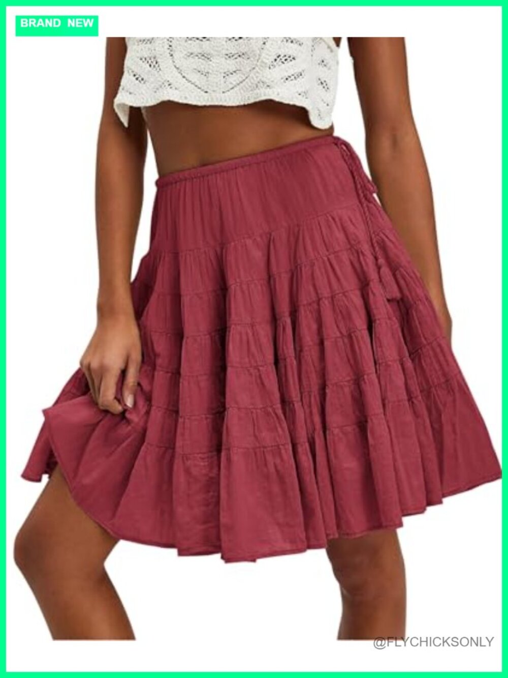 Tiered Boho Pleated Drawstring Waist Knee Length Flowy Midi Skirt